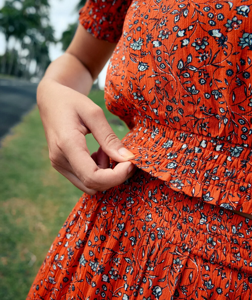 top élastiqués fille en viscose responsable rouge imprimé à fleurs
