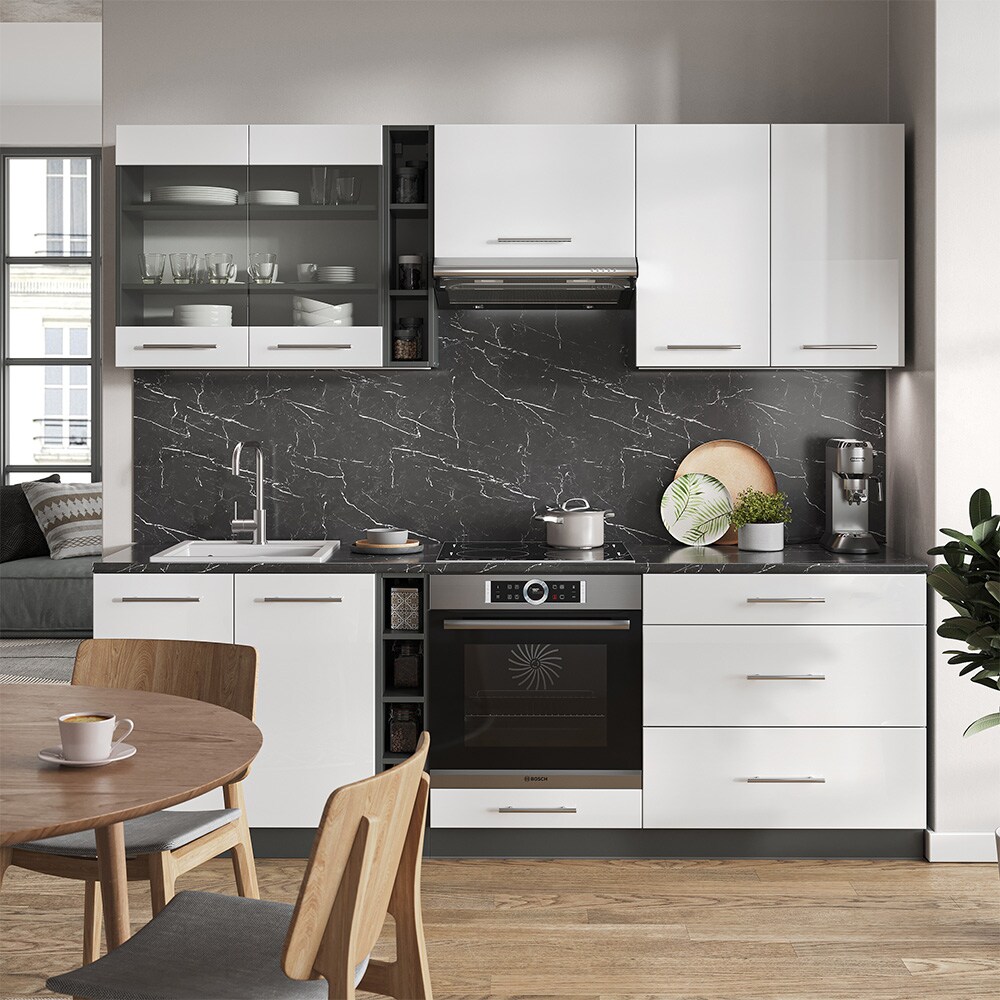 Vicco Küchenzeile Küchenblock Einbauküche Fame-Line Anthrazit Weiß 235 cm modern Hochglanz Küchen Schränke Hängeglasschrank Hängeschrank Schubladenunterschrank Spülenunterschrank Herdumbauschrank