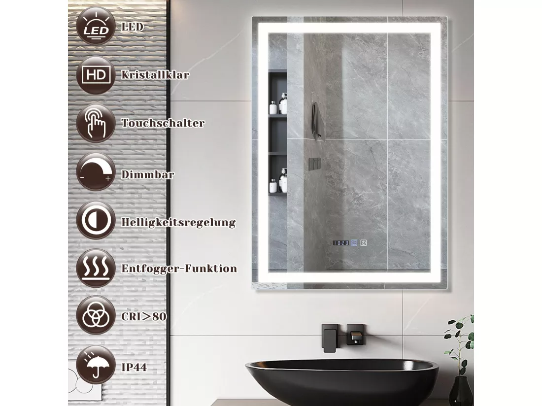 NETTLIFE Miroir lumineux salle de bain - 60x80 cm LED, mural, IP44, interrupteur tactile, horloge, réglable