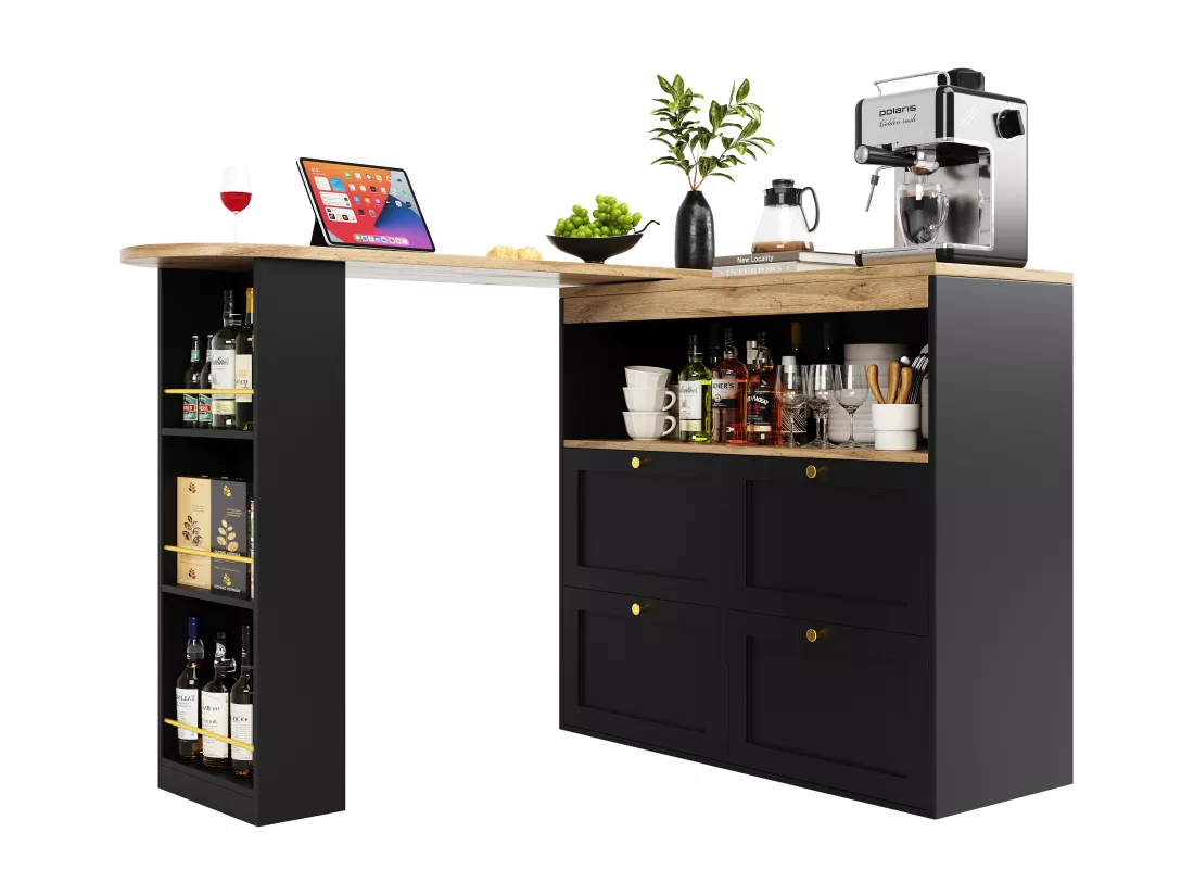 Meuble de bar pivotant - 4 tiroirs, 3 étagères de rangement & niche - MDF plateau effet bois - 138 cm/105x39x102 cm - Noir