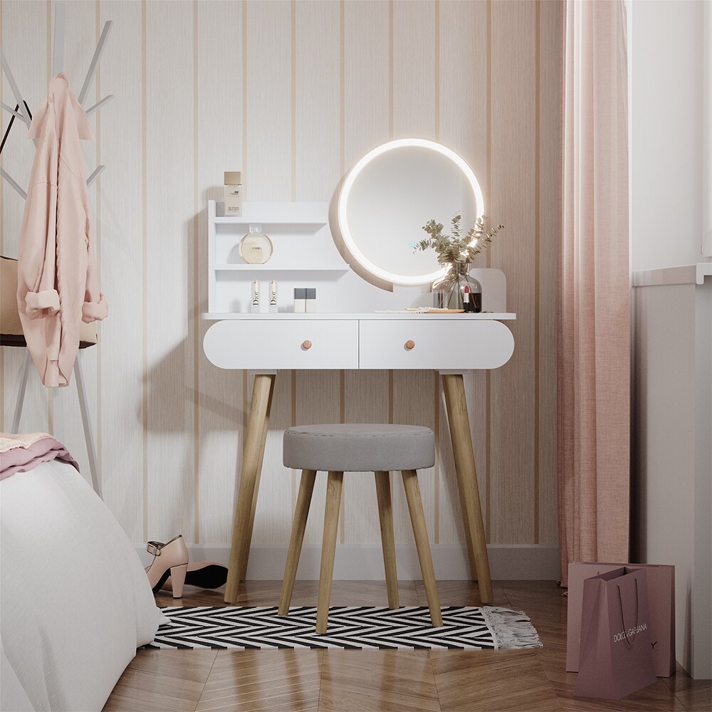 Vicco Schminktisch Frisiertisch Schminkkommode Edda Weiß LED-Spiegel Hocker 80x121 cm Skandi Schlafzimmer Kommode Schublade Ablage Aufbewahrung Kosmetiktisch Schminkkonsole Make-Up-Tisch
