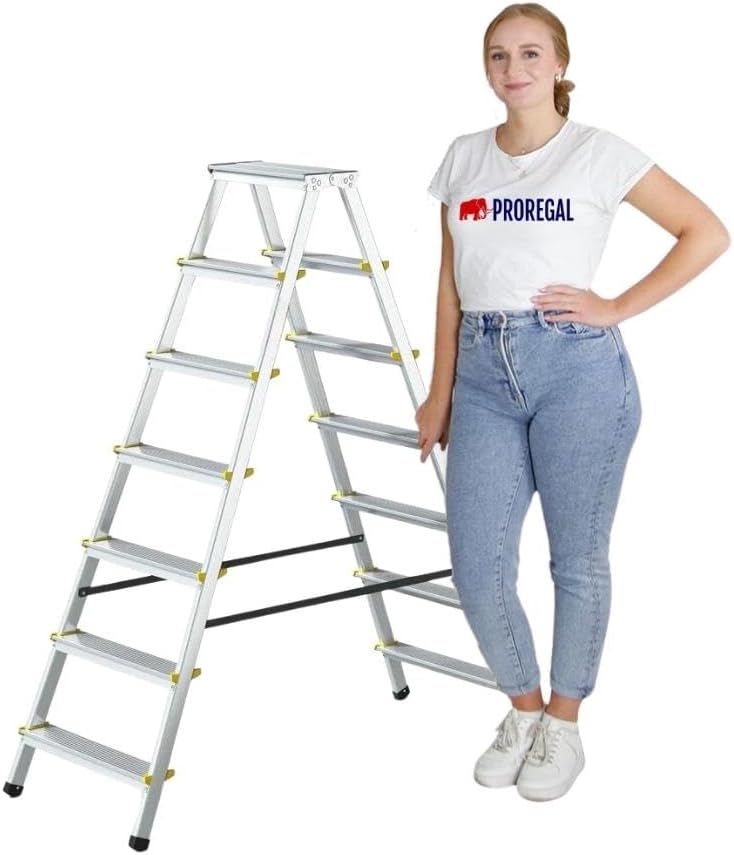 PROREGAL Economy Basic Trapladder, dubbelzijdig toegankelijk, 2 x 7 treden, werkhoogte 3,44 m, draagvermogen 150 kg