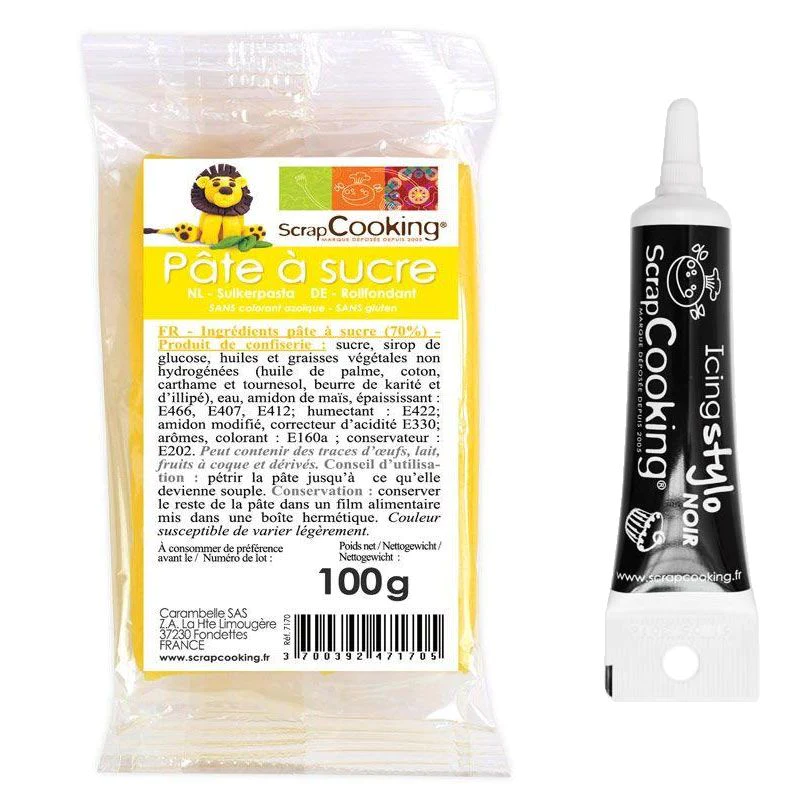 Pâte à sucre jaune 100 g + Stylo de glaçage noir Scrapcooking