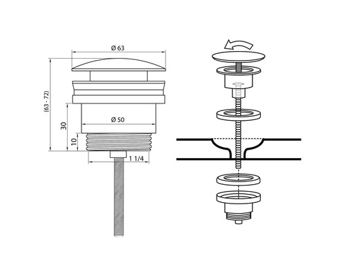 Push-open afvoerklep 1 1/4