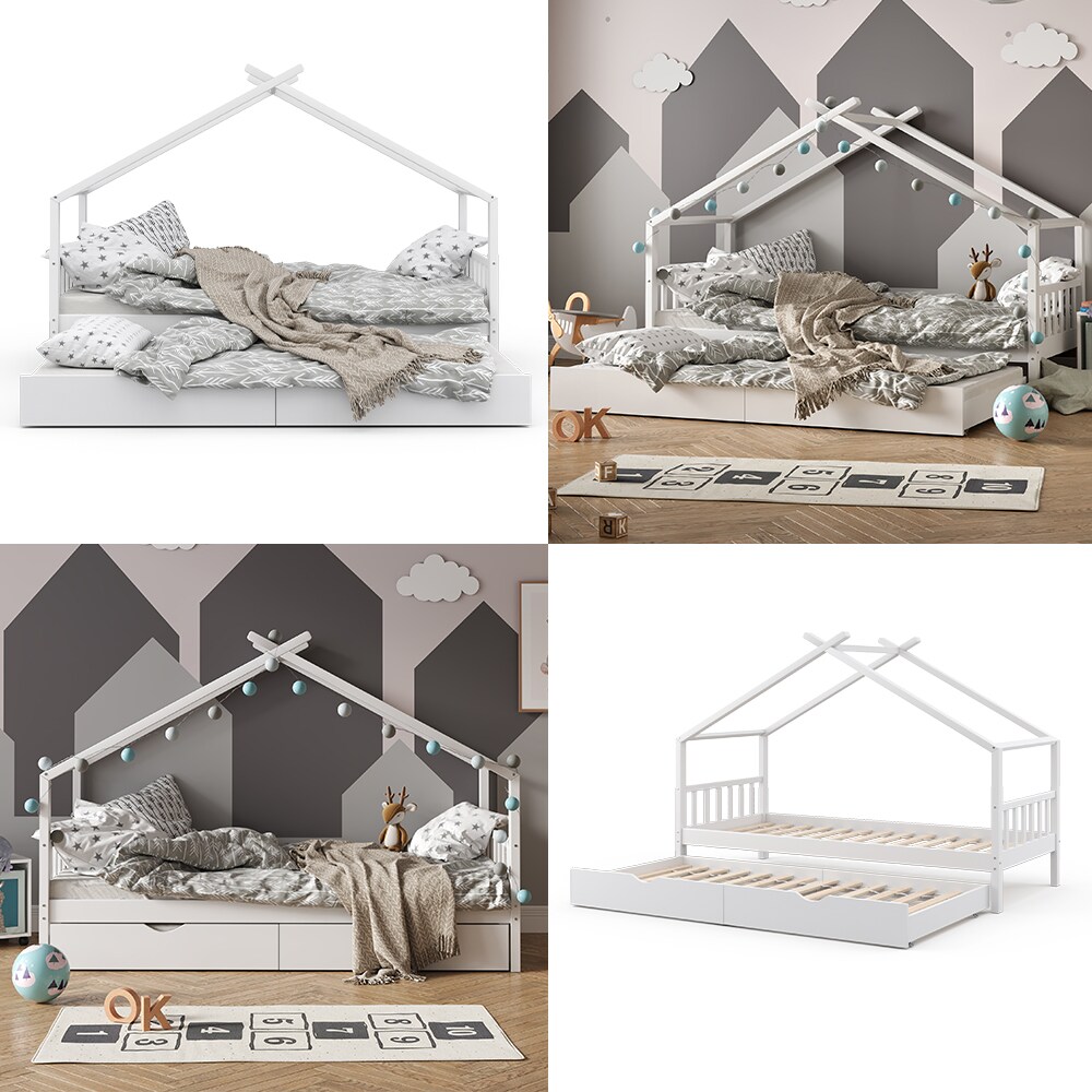 VITALISPA Kinderbett DESIGN Hausbett Gästebett Lattenrost weiß 90x200 Schublade