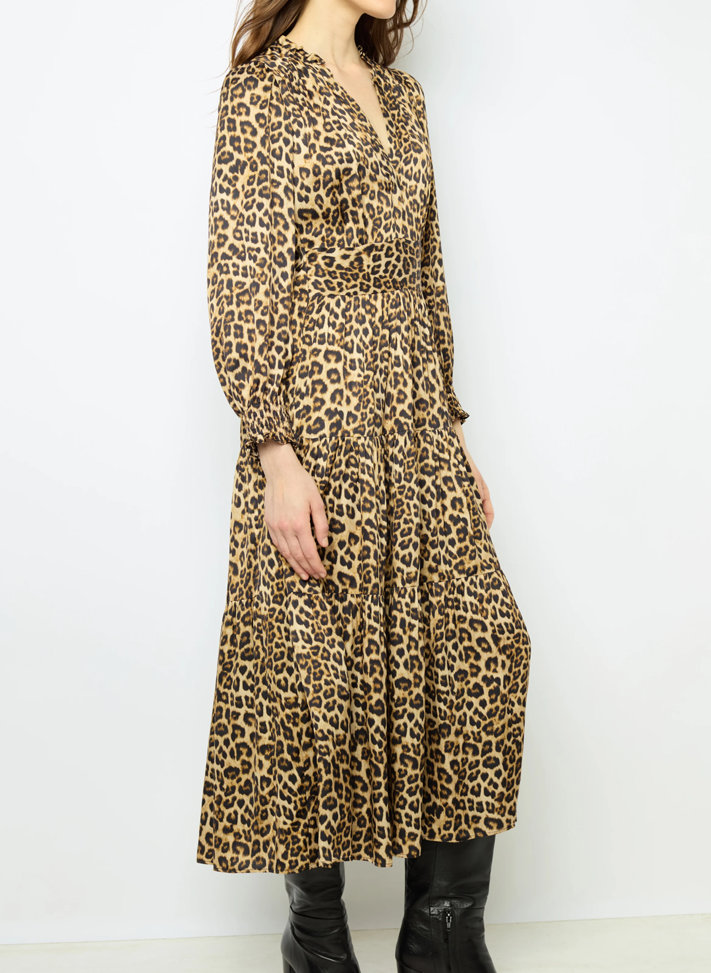 SANNA - Robe midi satinée imprimé léopard | Marron