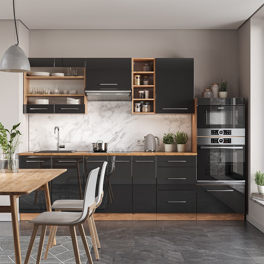 Vicco Küchenzeile Küchenblock Einbauküche Fame-Line Eiche Anthrazit 280 cm modern Spülenunterschrank Unterschrank Schubunterschrank Hängeschrank Mikrowellenschrank Apothekerunterschrank