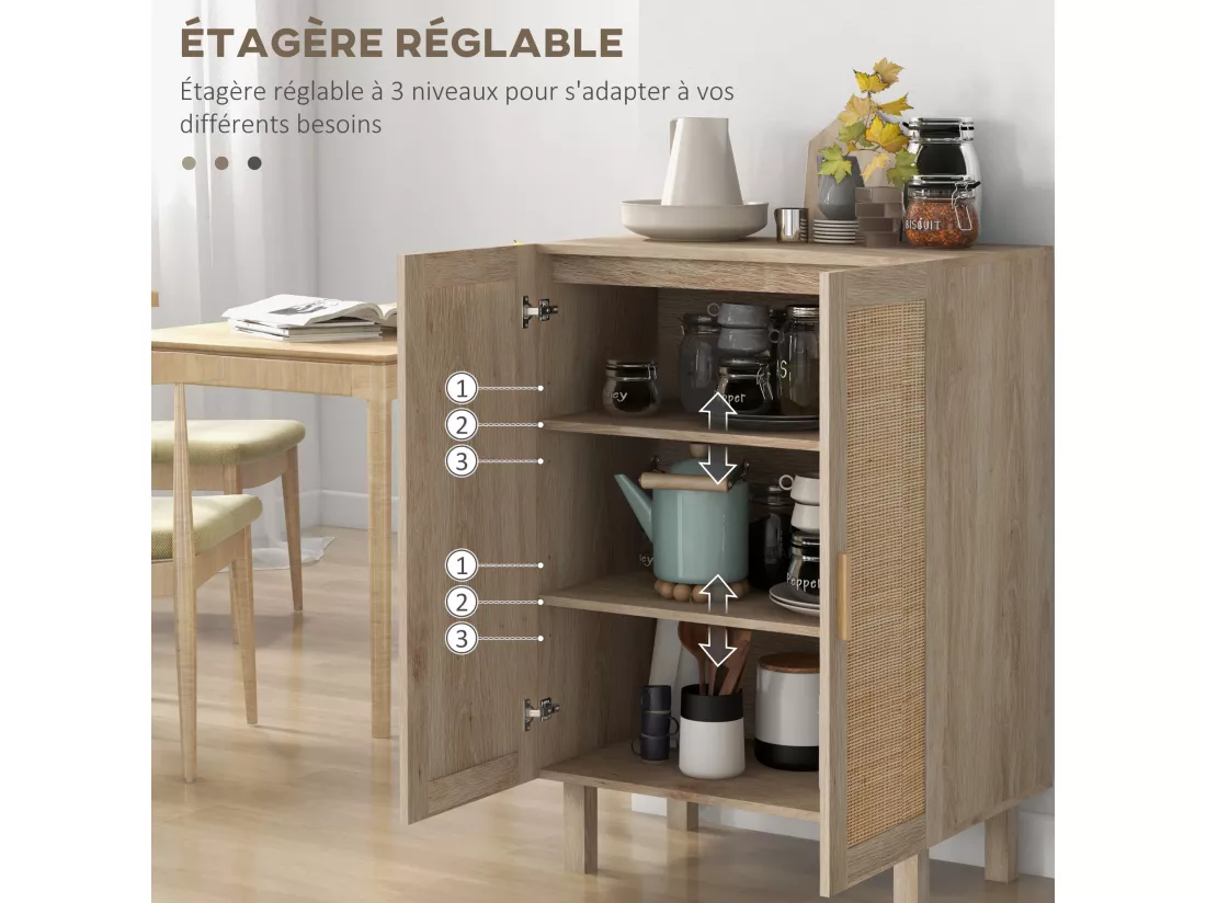 Buffet 2 portes 2 étagères réglables style bohème chic cannage en rotin panneaux aspect bois clair