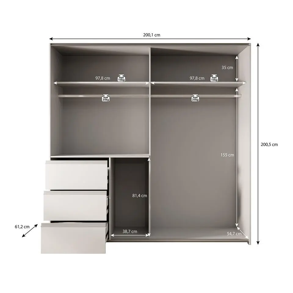 Meubella - Kledingkast Walter - Eiken - Grijs - 200 cm