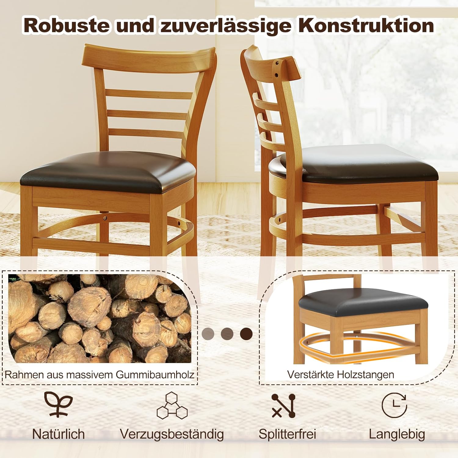 COSTWAY Esszimmerstühle 2er Set, Küchenstühle Holz, Esstisch Stühle mit gepolsterter Sitz, Holzstühle bis 180 kg belastbar, für Esszimmer, Küche (Natur)