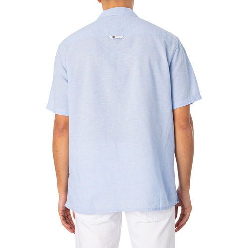 Tommy Jeans - Camisa Camp De Manga Corta En Mezcla De Lino Azul