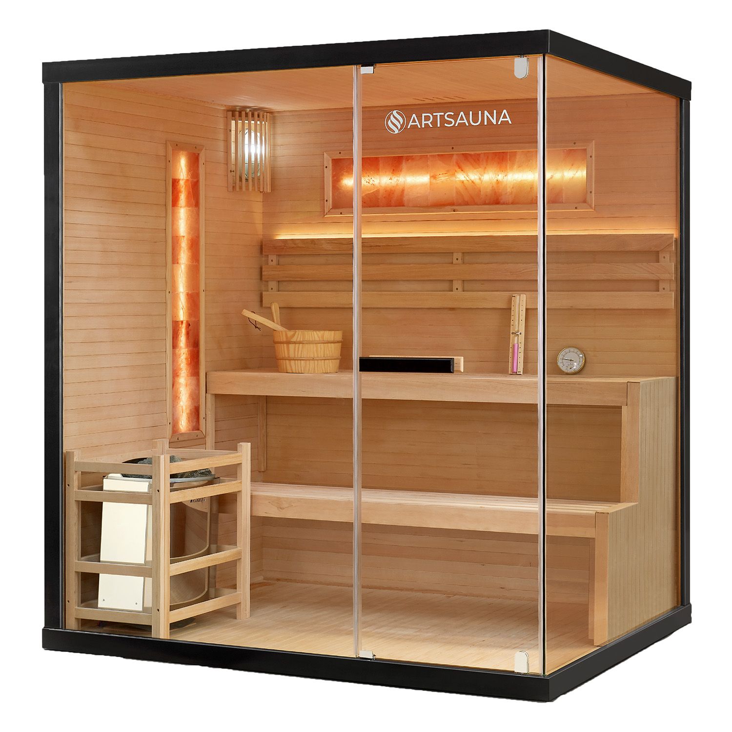 Vorbestellung: Artsauna Saunakabine Vantaa 175 mit Salzstein - Indoor Sauna für 4 Personen, 8 kW Ofen, Glasfront