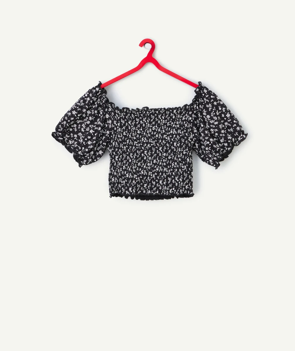t-shirt manches courtes fille viscose responsable noir imprimé à fleurs