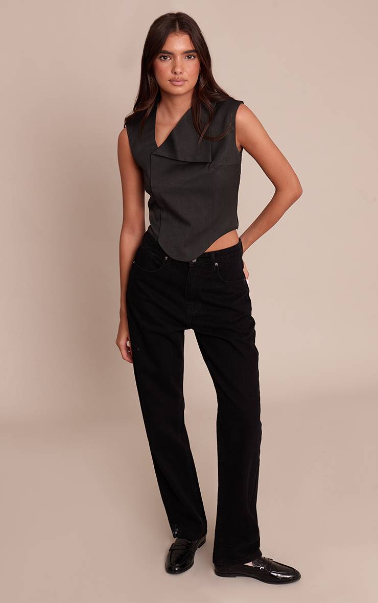 Charbon Gilet Tissé Anthracite À Col Abstrait