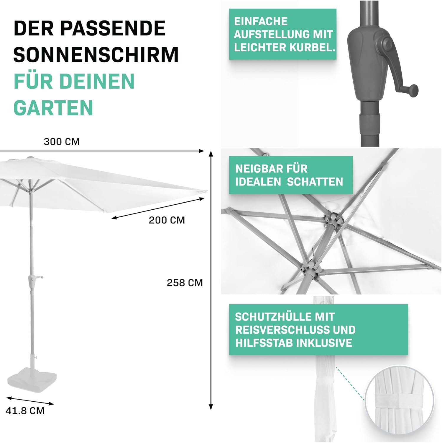 VONROC Sonnenschirm rechteckig 200x300 - Rechteckiger Sonnenschirm für Terasse, Garten, Balkon, Gastro - Knickbar, Kurbel, Wetterfest - Rapallo