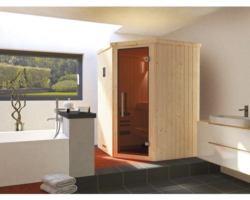 Weka Kiruna GT Gr.1 modulaire sauna inclusief 3,6 kW biooven en digitale bediening, zonder raam, met grafietkleurige volledig glazen deur.