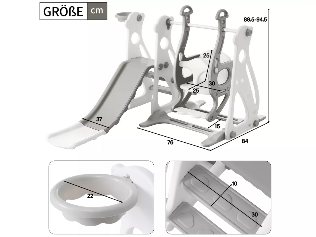 Toboggan 4 en 1 - avec escalier, balançoire, panier de basket - gris clair