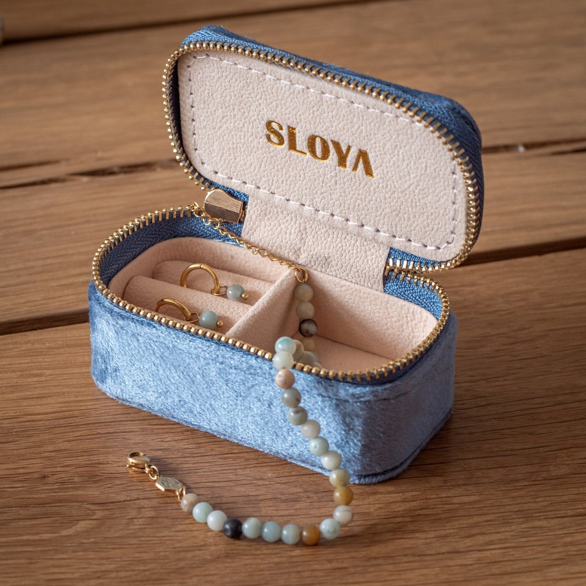 Mini boîte à bijoux velours bleu horizon