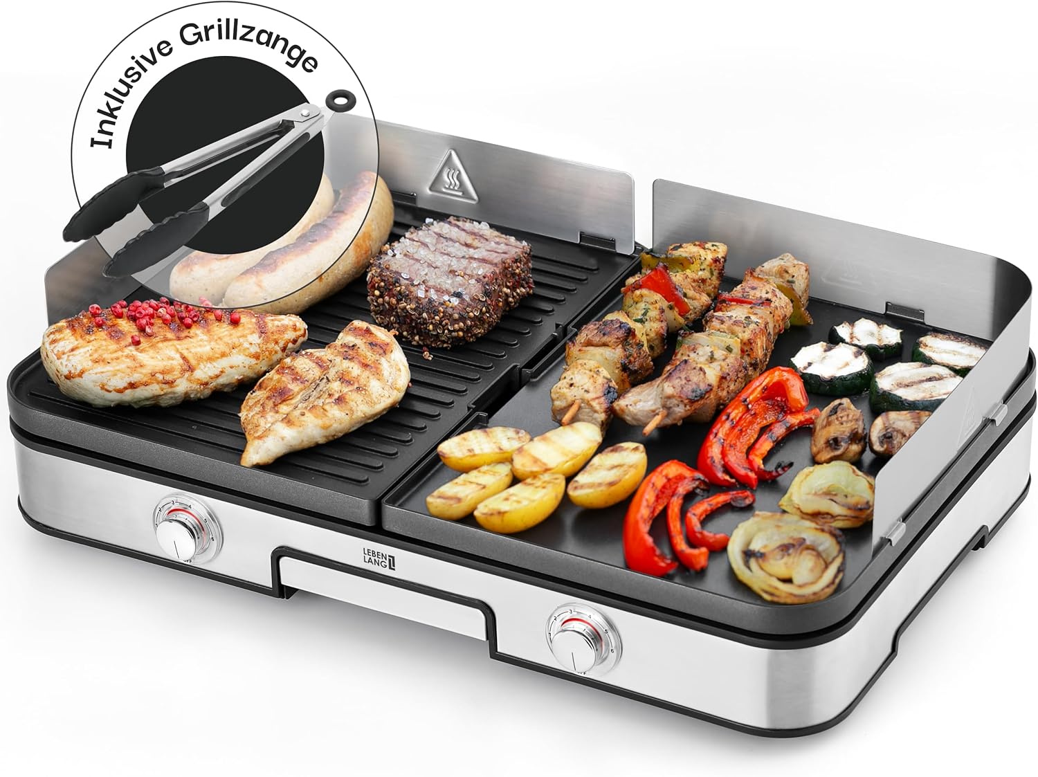 LEBENLANG Elektrogrill Tischgrill elektrisch - Inkl. Grillzange & Spritzschutz I 2400W Für Drinnen & Draußen I Gril Elektro Grill für Balkon Tisch I Elektrischer Plattengrill Indoor Grills Indoorgrill