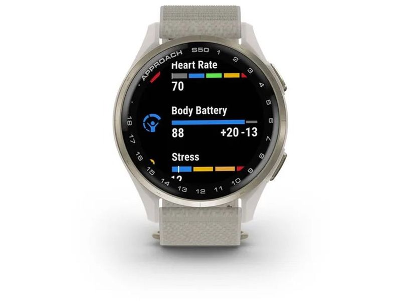 GARMIN GPS-Sportuhr Approach S50 elfenbein/cremegold, Band Die Approach S50 verfügt über ein schlankes und leichtes Design und ist mit allen wichtigen Funktionen ausgestattet – sowohl auf dem Golfplatz als auch im Alltag
