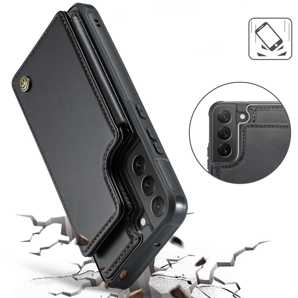 Samsung Galaxy S22 5G Leder Hülle mit Kartenfächern im Litchi Look   Kickstand (RFID Schutz) - Schwarz