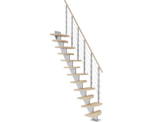 Pertura Aris Pearl Grey trap met middenligger, variabel, kwartslag, links/rechts onder, recht, 64 cm, leuning in wit geolied eiken, 10 treden / 11 stootborden