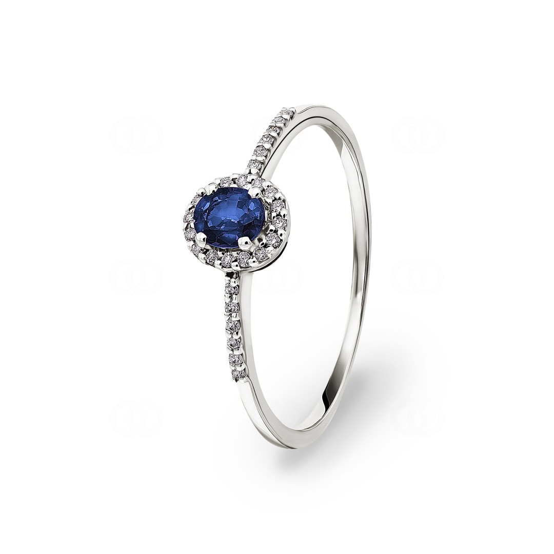 Damenring 750/18 K Weissgold mit Saphir oval & Diamanten 0.08 ct H/si