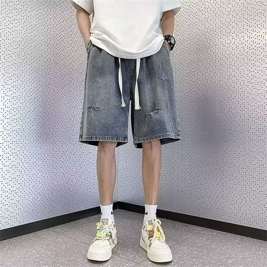 Lefitt - Denim shorts met trekkoord in de taille