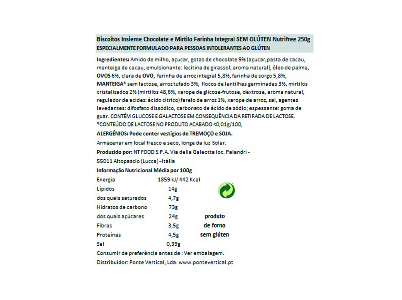 BISCOITOS SEM GLÚTEN NUTRIFREE CHOCO E MIRTILOS INSIEME 250G