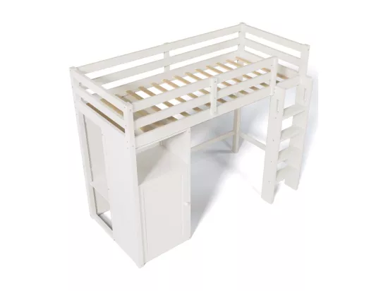 Lit mezzanine 90x200 cm en bois de pin - avec armoire et étagères - Blanc