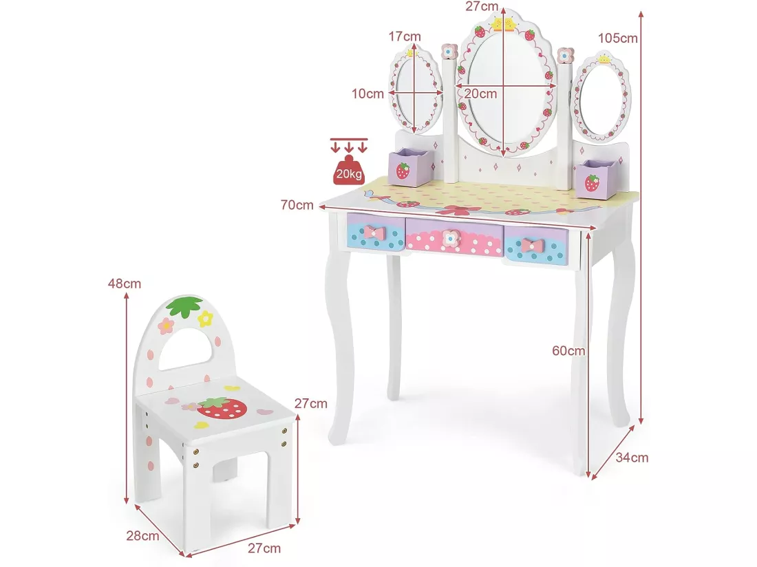Coiffeuse pour Enfants avec Miroir Amovible - 3 Tiroirs - 2 Boîtes - Convertible Bureau - Style Princesse pour Filles, Blanc