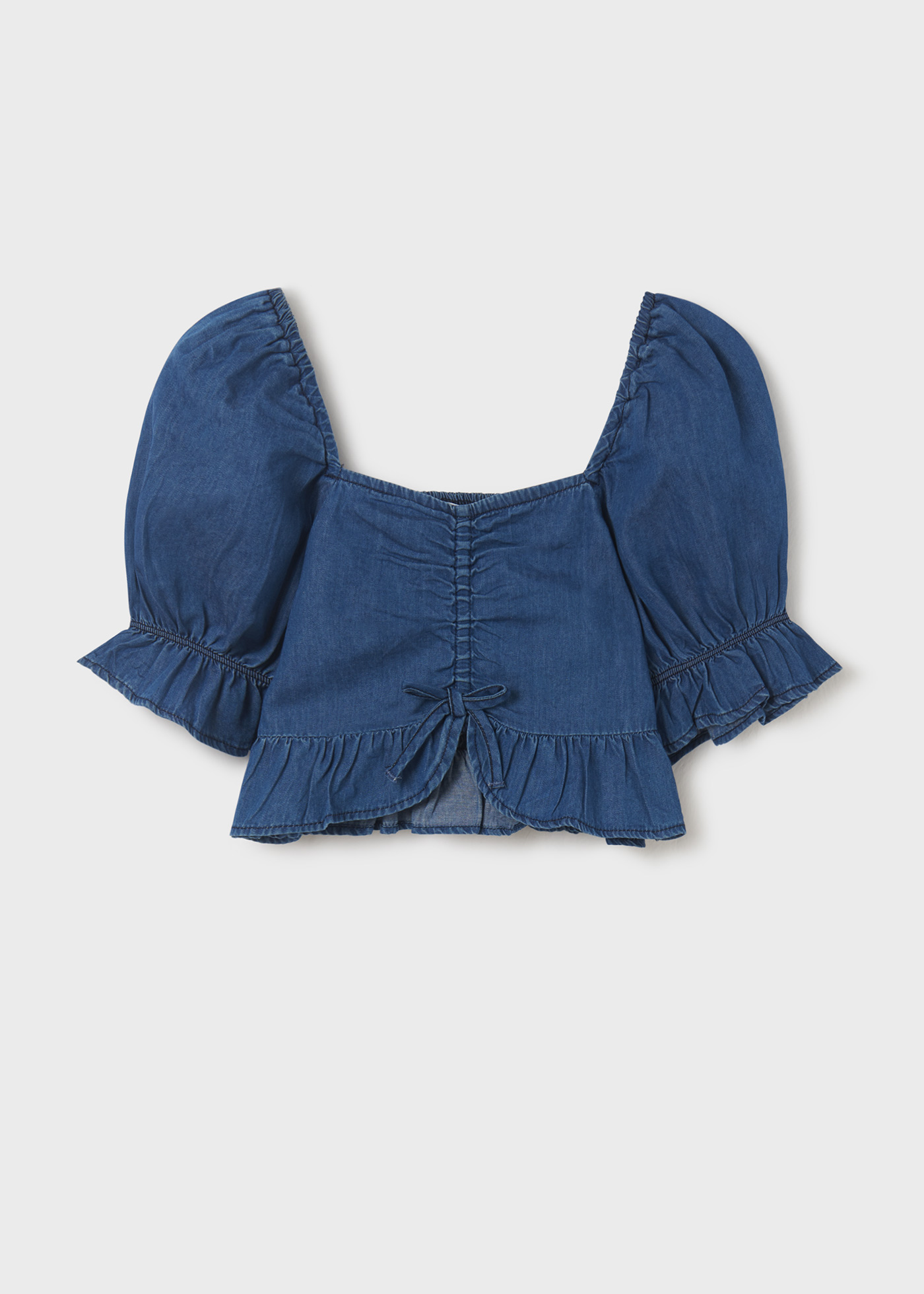 Blusa jeans com detalhes franzidos para meninas