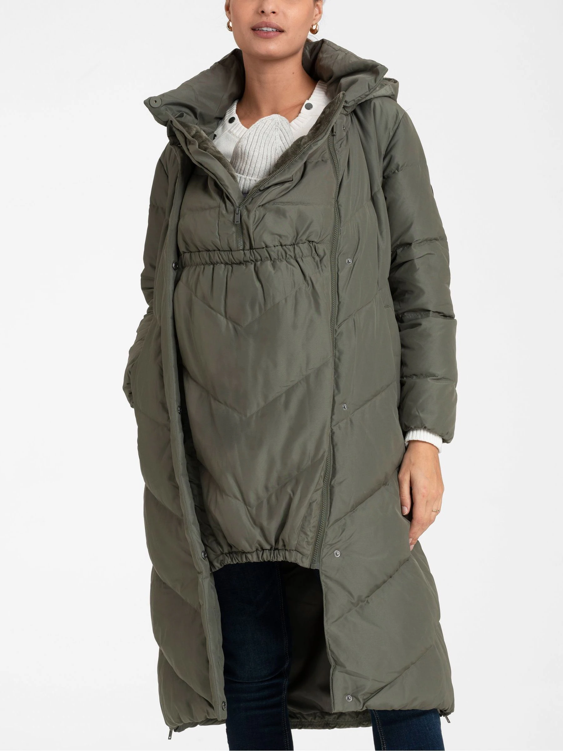 Khaki - Seraphine Lange Chevron 3 in 1 zwangerschaps- & draagjas met donsvulling