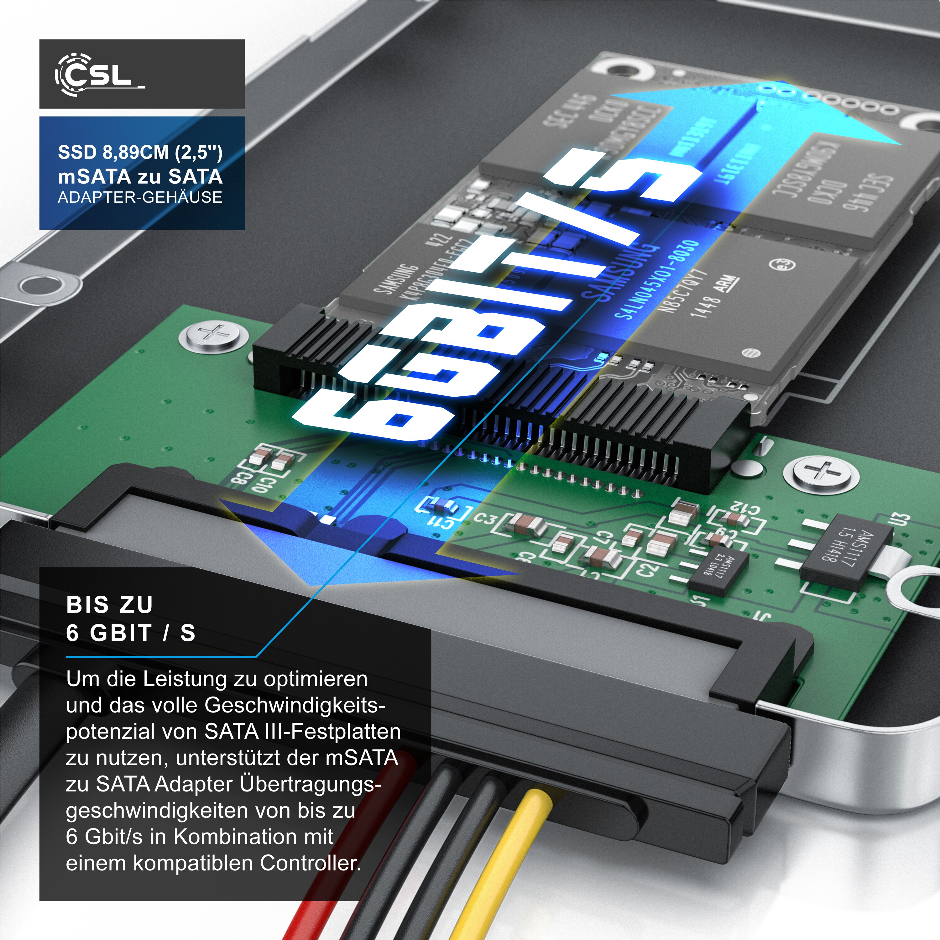 CSL SSD 8,89cm (2,5) mSATA zu SATA Adapter-Gehäuse Aluminium Gehäuse / max. 7mm Einbauhöhe