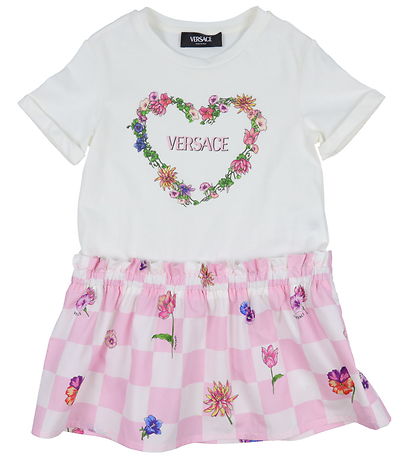 Versace Kleid - Weiß/Rosa Kariert m. Blumen