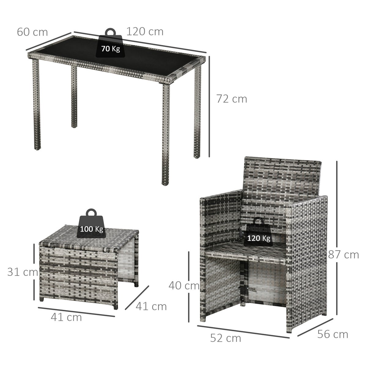 Outsunny 5-delige polyrotan tuinset, met kussens, 120L x 60B x 75H cm, metaal, gehard glas, polyester, grijs