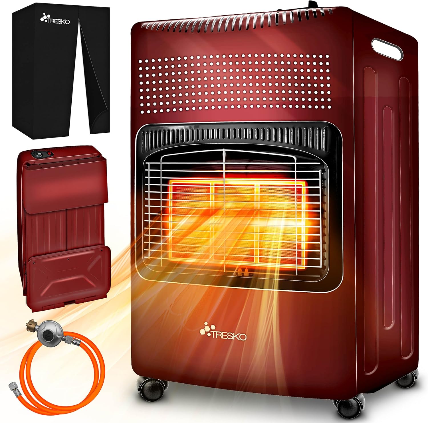 TRESKO 4200 Watt Gasheizung inkl. Gasdruckregler Gasschlauch + Abdeckung | Gasheizer Gasofen Gasheizofen mit 3 Stufen | Infrarot Gasheizgerät, Strahlend (Rot)