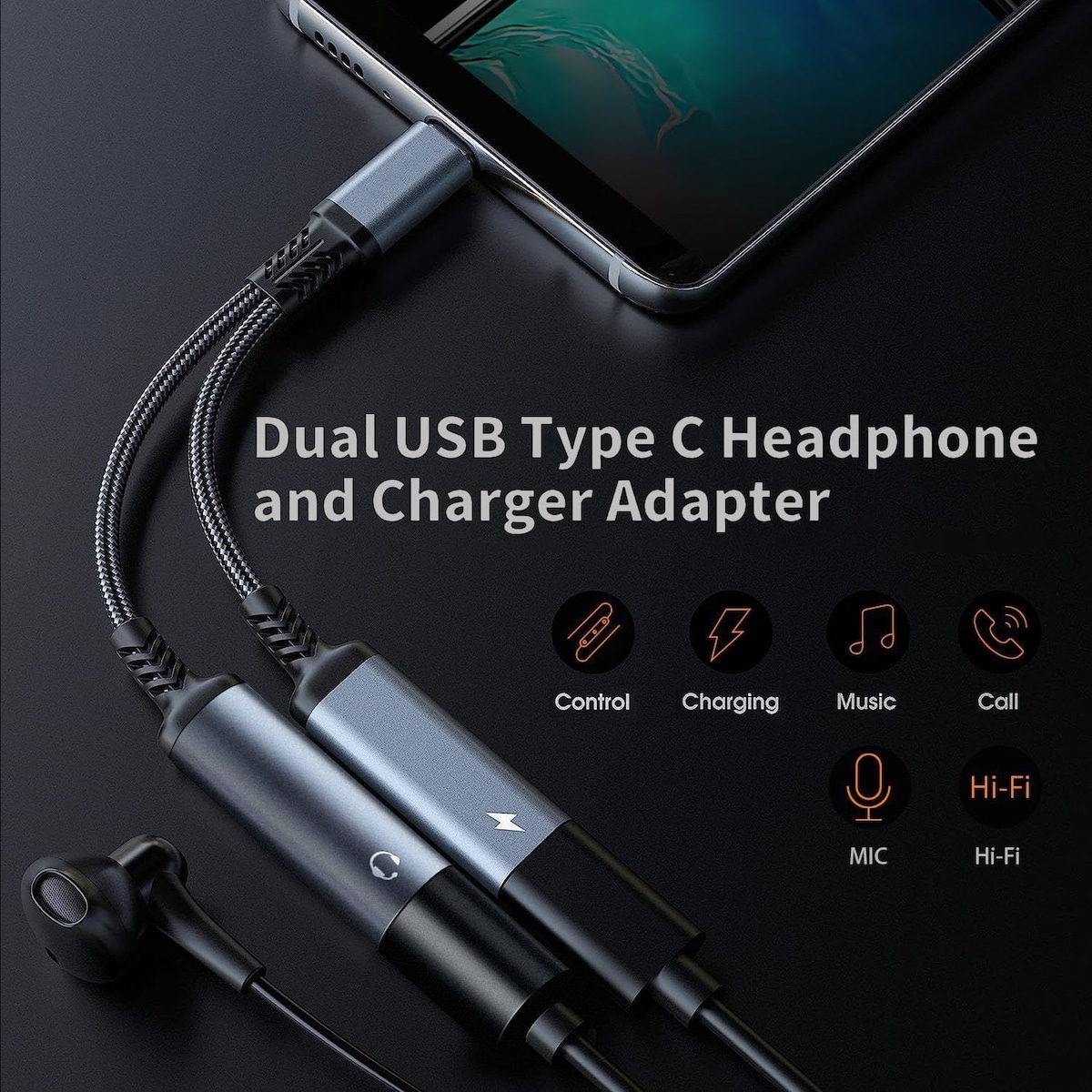 NÖRDIC 2 i 1 USB C til 3,5 mm hodetelefonadapter med 60W lading