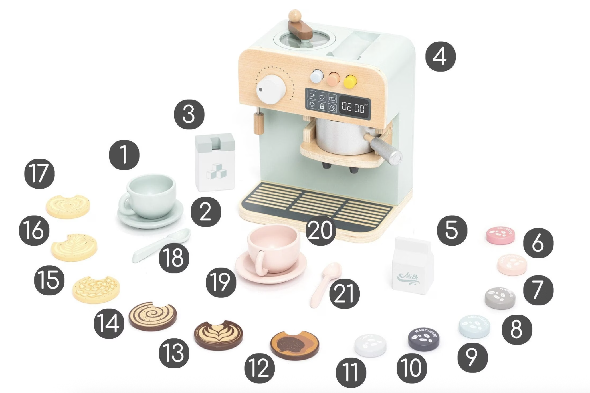 (21-tlg. Set) Holz Kinder Kaffeemacher Spielzeug Kaffeemaschine Küche Zubehör Lern Spielset (UM1352) - Bunt