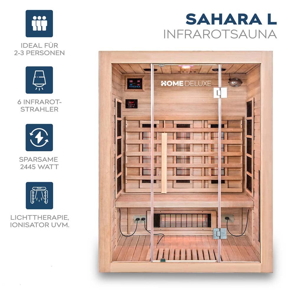 Home Deluxe – Infraroodcabine SAHARA L – 150 x 120 x 190 cm – voor 2-3 personen, 6 volspectrumstralers, hout: hemlock | Infraroodsauna, sauna, warmtecabine, infrarood