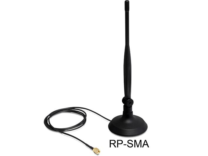 Delock WLAN-Antenne 802.11 b/g/n RP-SMA 4 dBi Rundstrahl Delock WLAN 802.11 b/g/n Antenne RP-SMA 4 dBi omnidirektional Gelenk mit magnetischem Standfuss