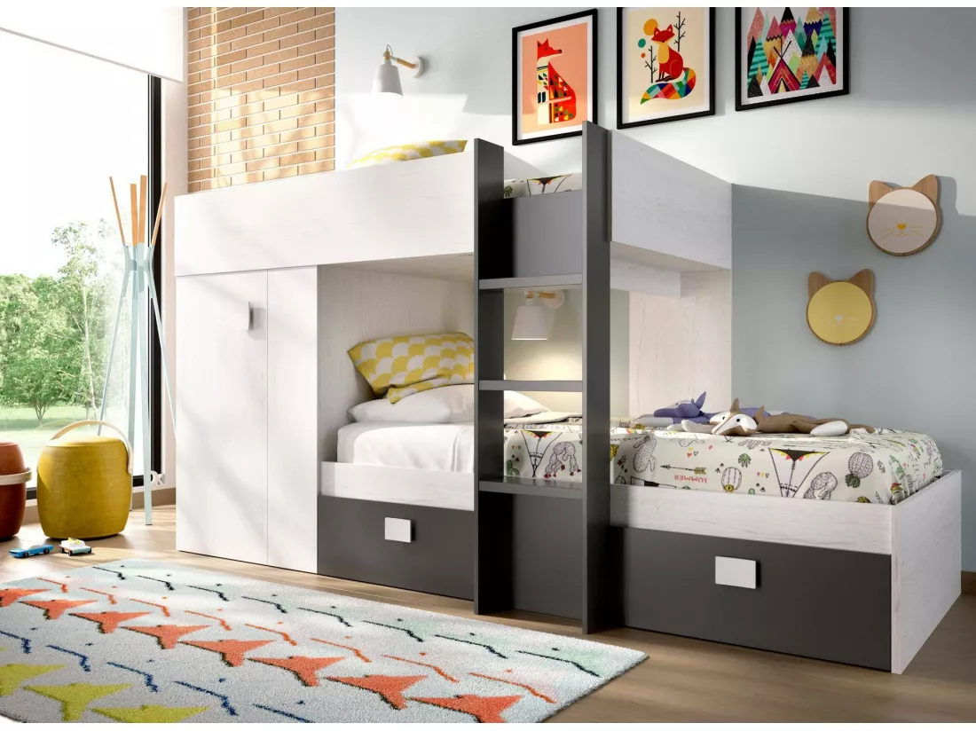 Lit enfant Cevedale, Chambre complète avec armoire et tiroirs, Composition de lits superposés avec deux lits simples, 271x111h150 cm, Blanc et Anthracite