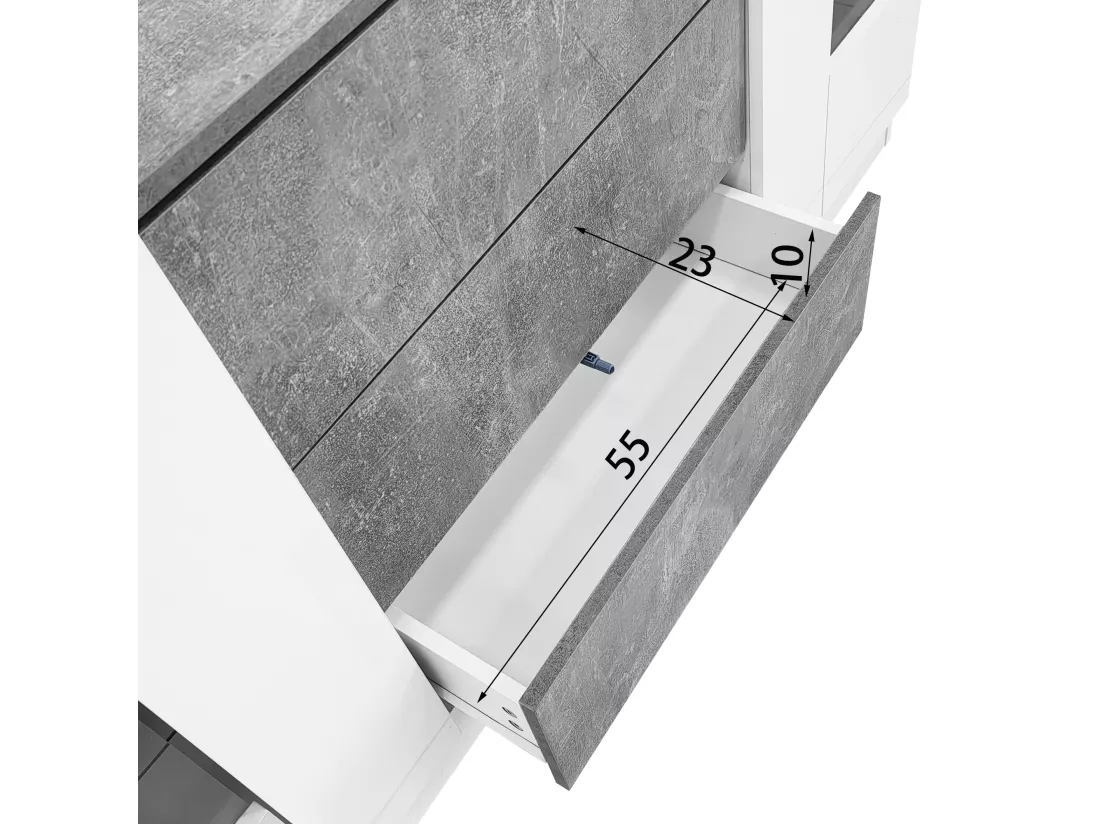 Buffet avec LED - 2 portes et 3 tiroirs - façade blanche brillante et aspect marbre gris - Blanc