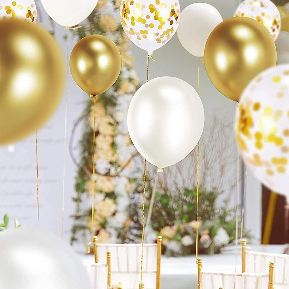 (70er Set) Party Deko Ballons Latex Luftballons mit Konfetti - Gold / Weiss