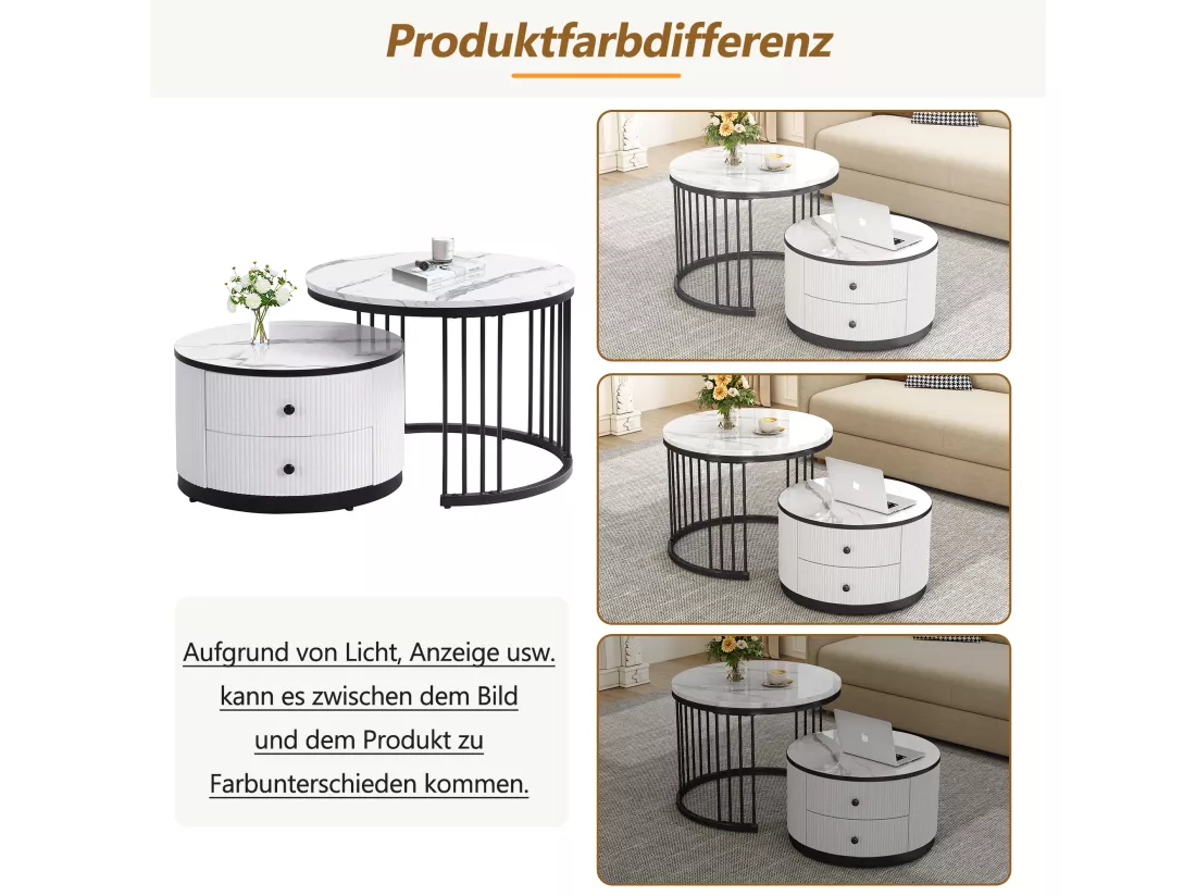 Lot de 2 tables basses gigognes avec 2 tiroirs - 60 x 60 x 45.5 cm + 50 x 50 x 32 cm - Aspect marbre brillant - MDF - Noir et blanc