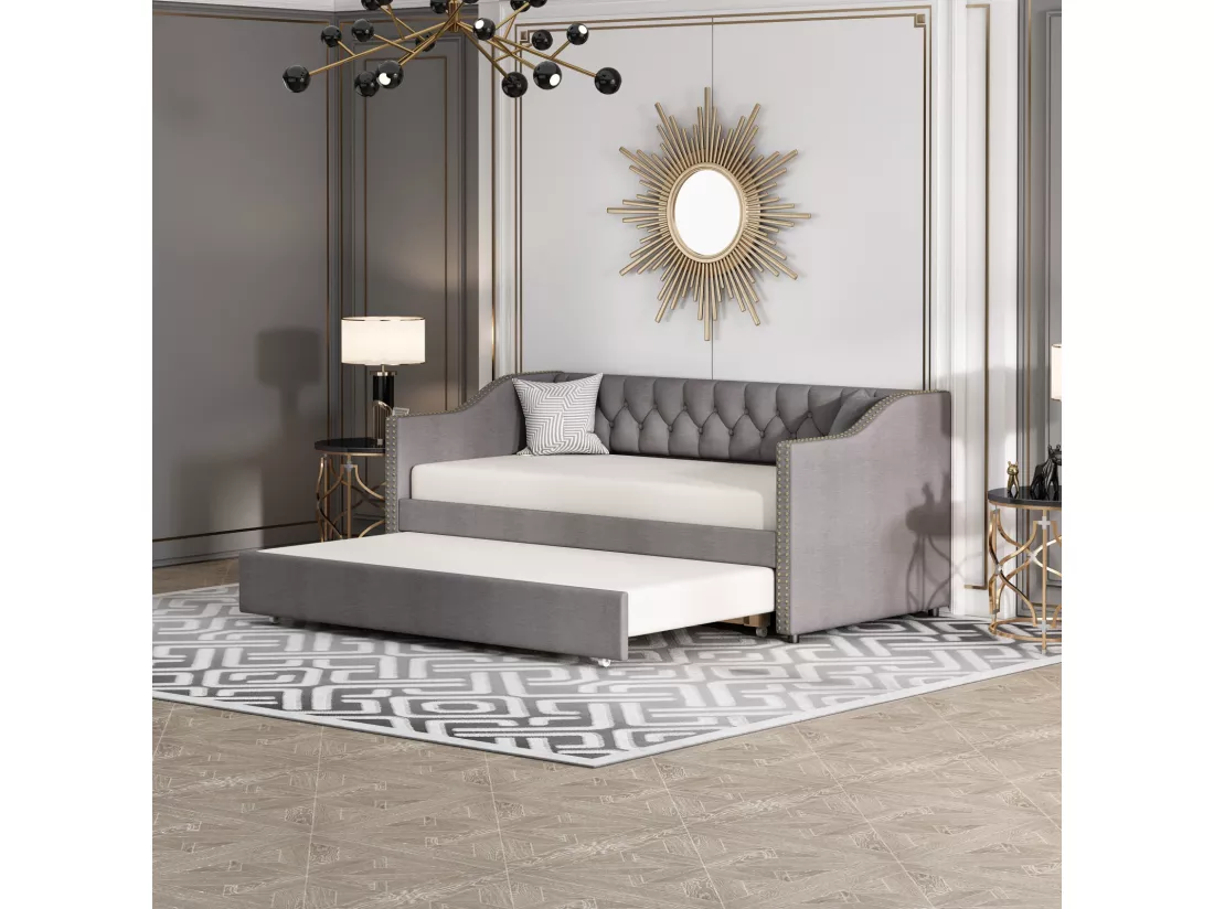 lit gigogne 90x200cm, canapé-lit, lit banquette 2 places, sommiers à lattes, canapé lit convertible style moderne - Gris