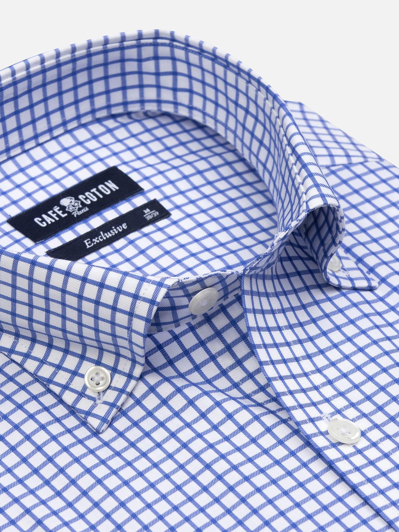 Chemise manches courtes Carlton à carreaux bleus  - Col boutonné