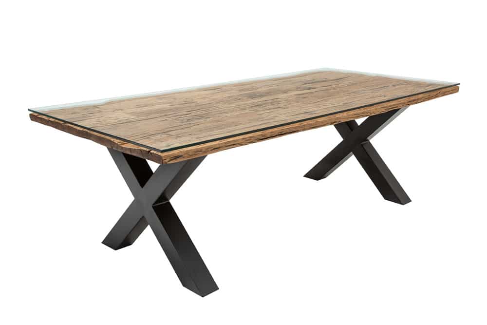 Massivholz Esstisch BARRACUDA 220cm natur Teak schwarz Metall X-Gestell inkl. Glasplatte