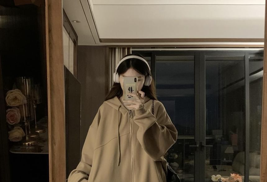 Hanji - Effen oversized hoodie met rits / mini-kokerrok met trekkoord in de taille