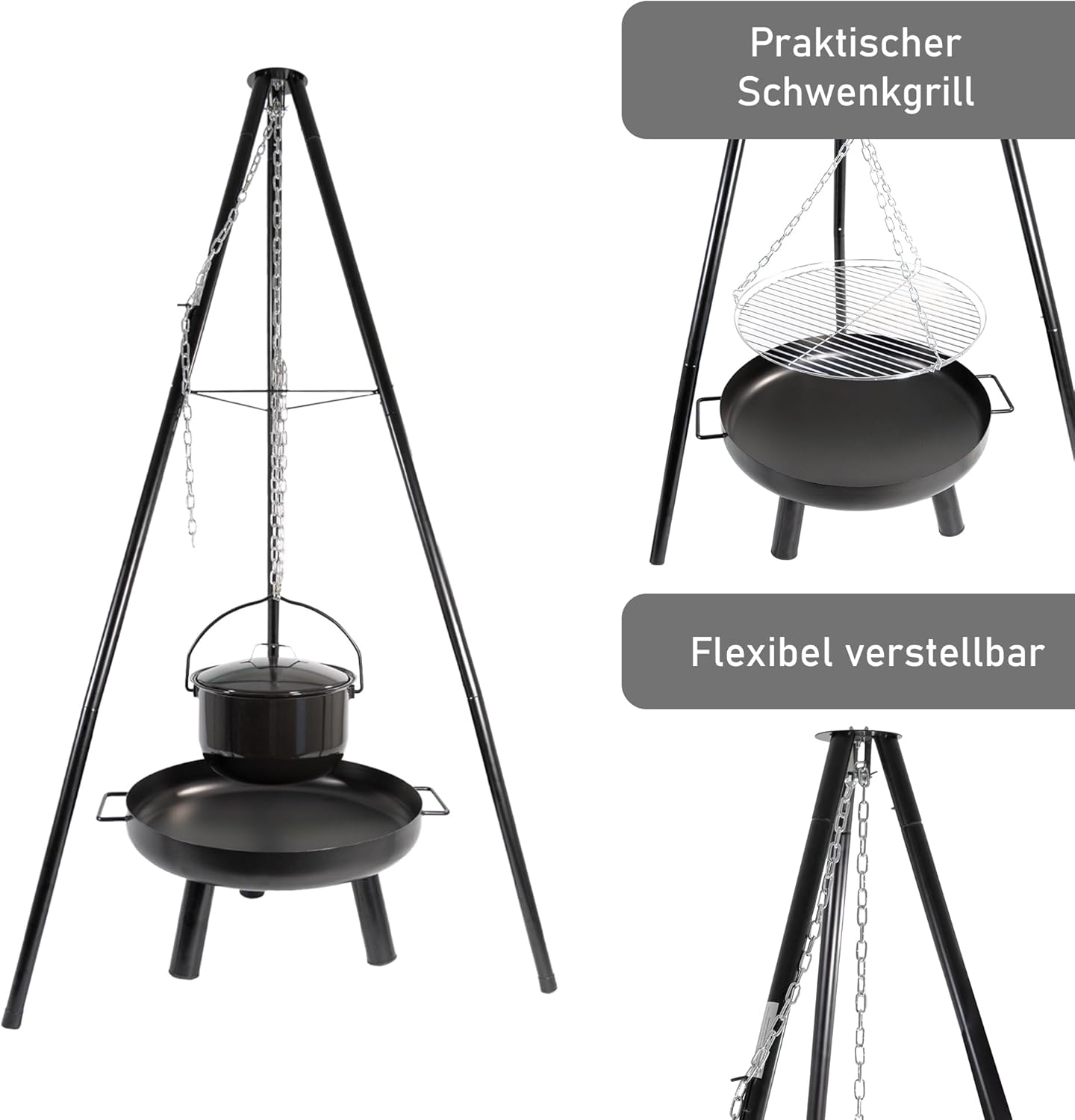 LEMODO Schwenkgrill mit Feuerschale, Dreibein Grill mit Grillrost, Hängegrill mit Gulaschkessel, 3 Bein Grill für BBQ, Grillgestell für Gulaschtopf, Holzkohlegrill mit Zubehör